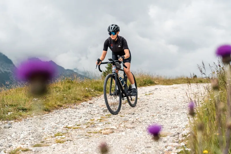 Un ciclista su una strada bianca in quota, tra i cardi fioriti