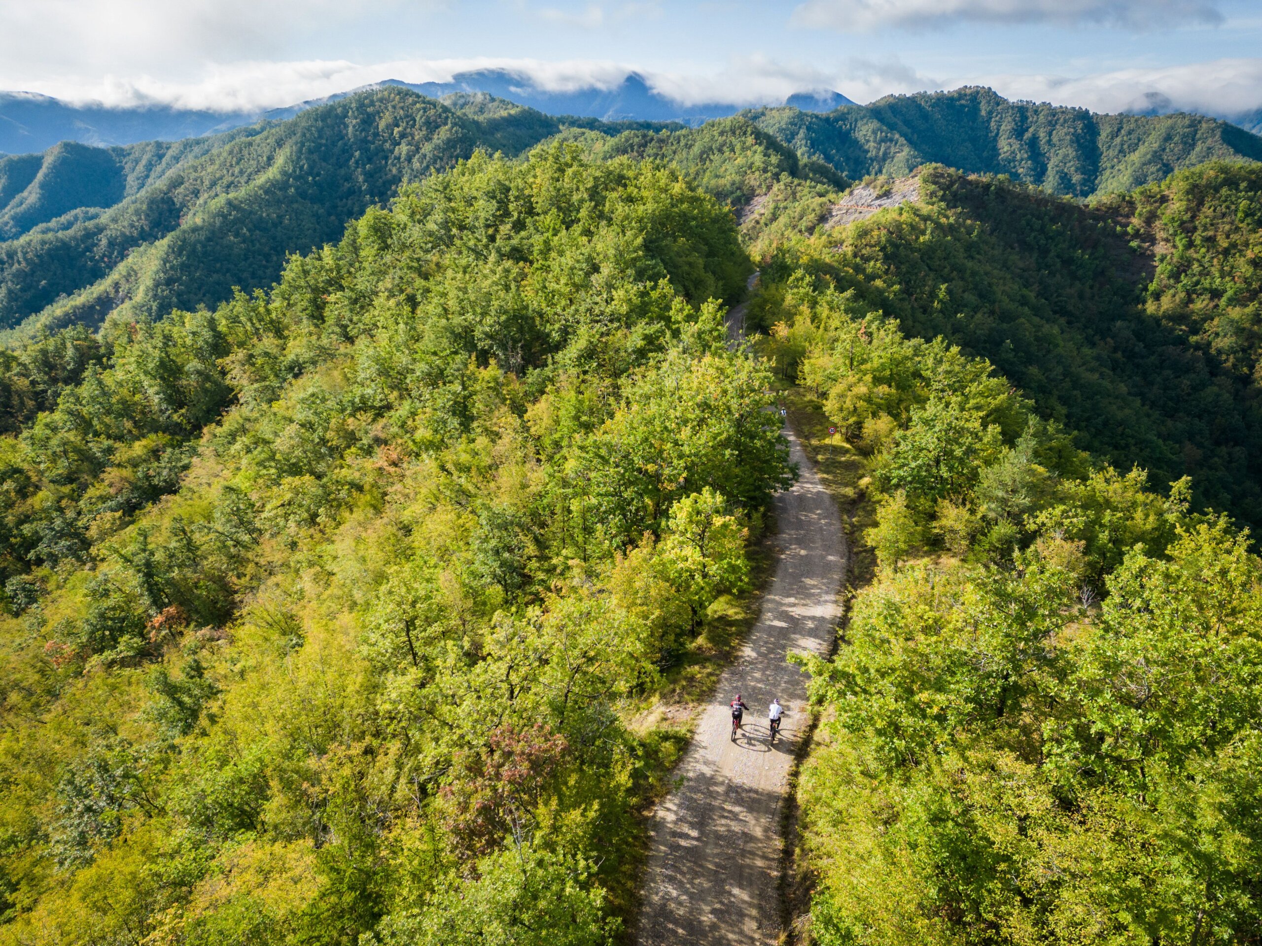 Veduta aerea di una strada sterrata che attraversa una rigogliosa foresta verde, con due ciclisti che pedalano immersi nella natura. Colline boscose e montagne si estendono sullo sfondo sotto un cielo parzialmente nuvoloso