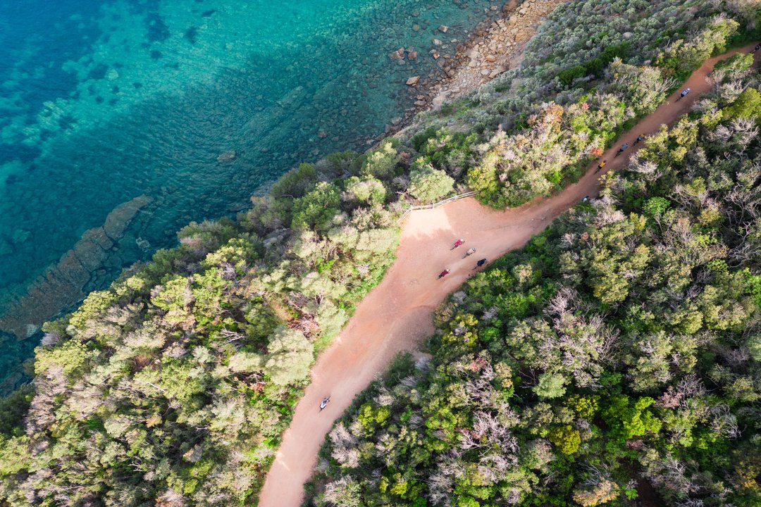 Veduta aerea di ciclisti che percorrono un sentiero lungo la costa, con il mare turchese sulla sinistra e una fitta vegetazione a destra.