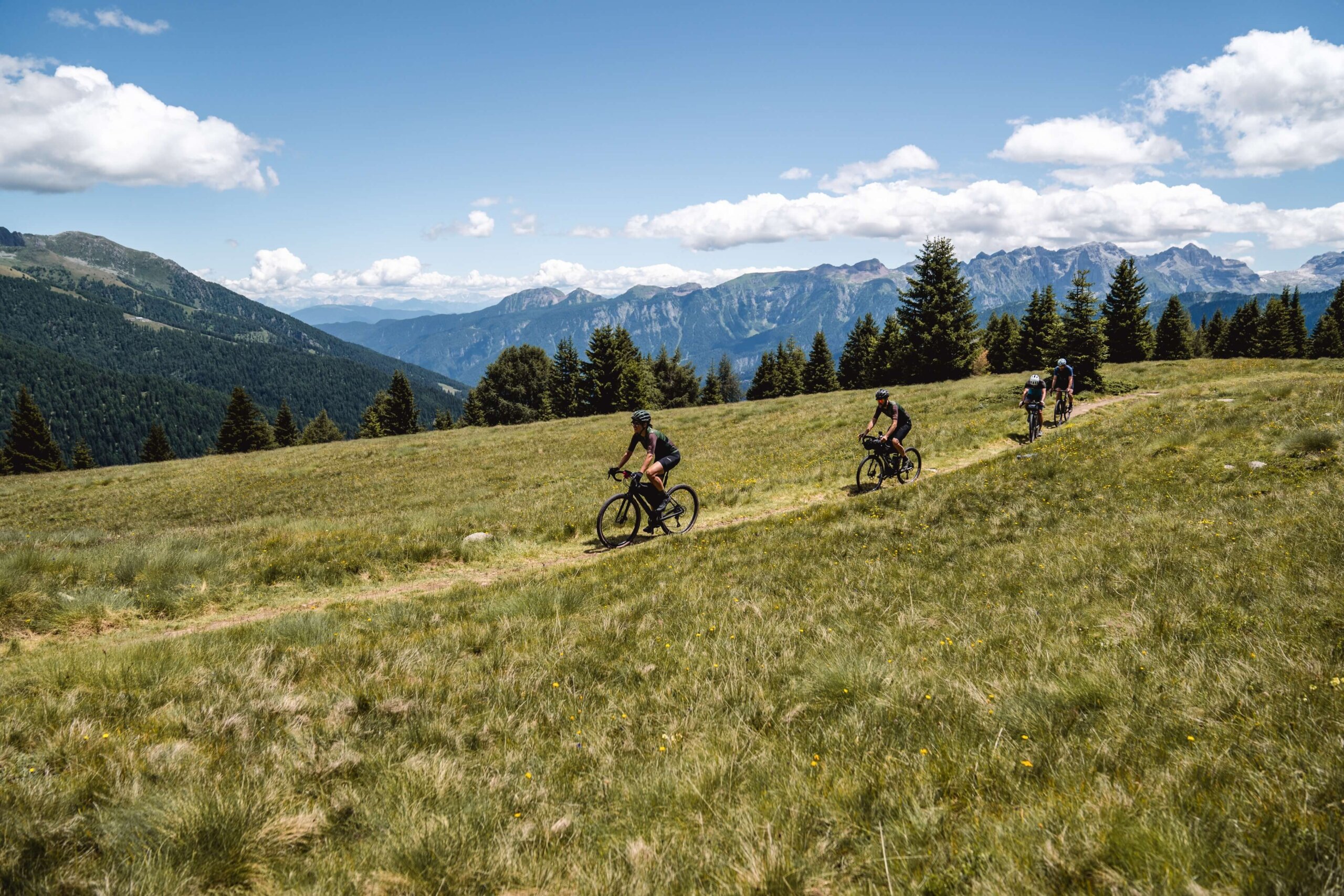 Un gruppo di ciclisti gravel percorre un sentiero di montagna immerso nel verde, con una vista panoramica mozzafiato su vallate e cime alpine sullo sfondo. Il cielo azzurro e le nuvole bianche completano l’atmosfera di libertà e avventura.